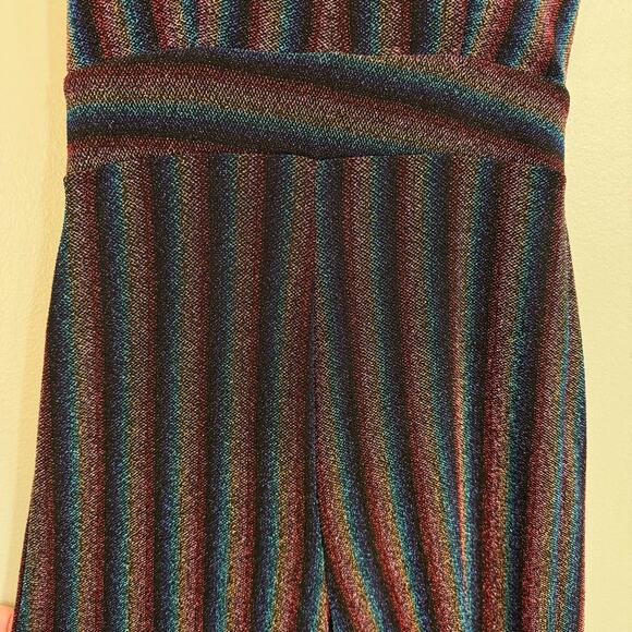 Fashion Nova Jumpsuit M Disco Metallic Rainbow Striped Sparkle Retro Party Black - Picture 5 of 8